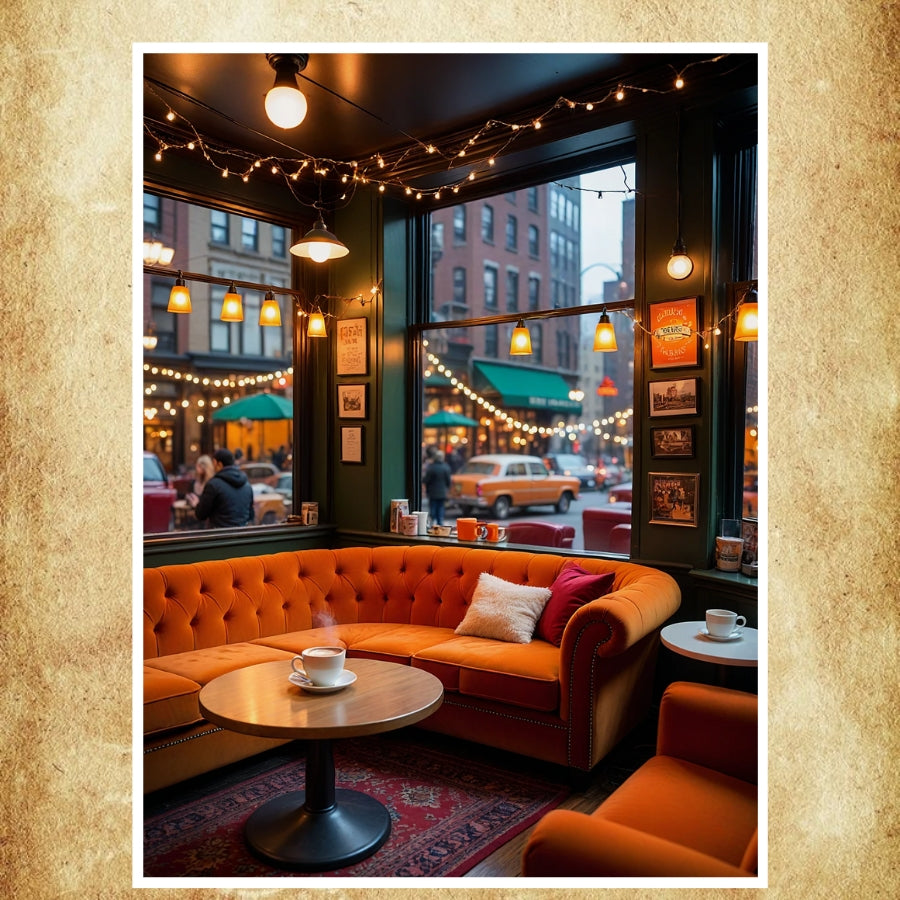 Affiche représentant le café Central Perk avec son canapé orange iconique, lumières tamisées et ambiance chaleureuse.