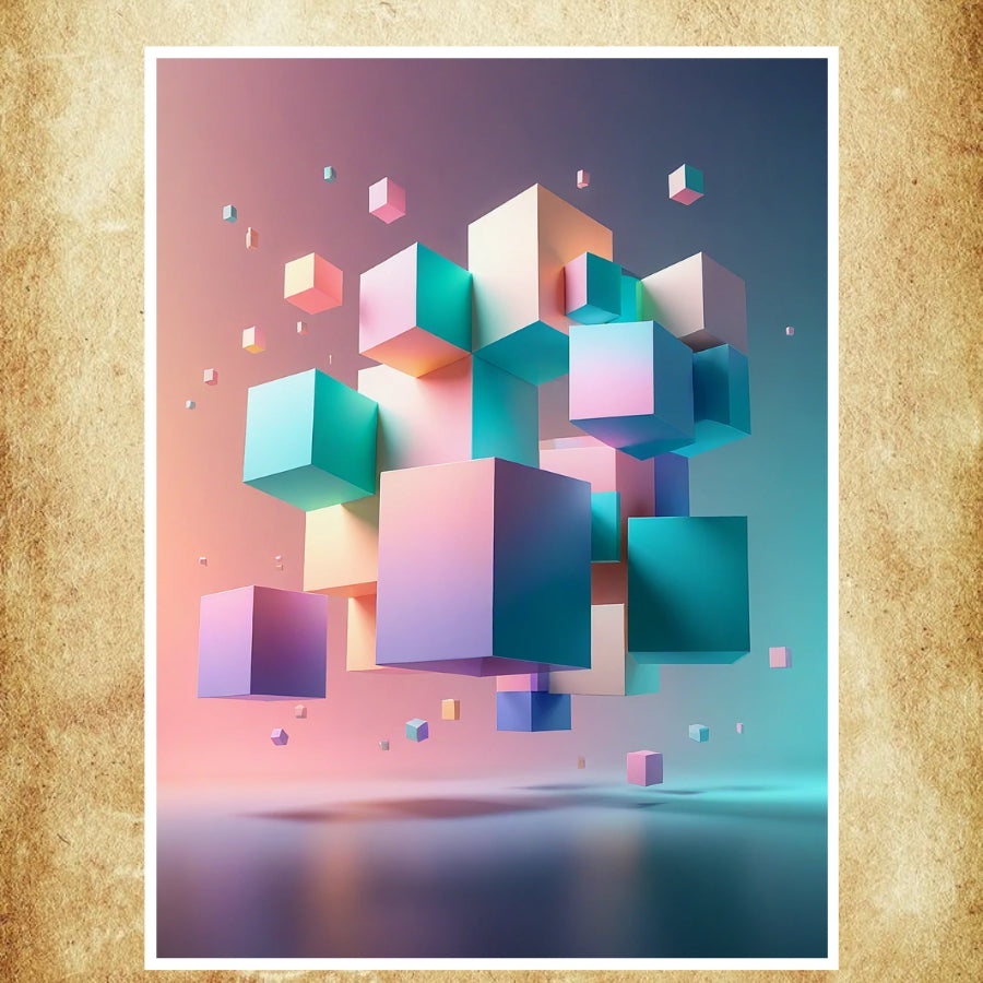 Affiche abstraite avec des cubes pastel en lévitation, créant une ambiance douce et moderne.