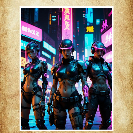 Affiche représentant trois guerrières cybernétiques dans une ville Cyberpunk, avec des armures high-tech et une ambiance néon immersive.