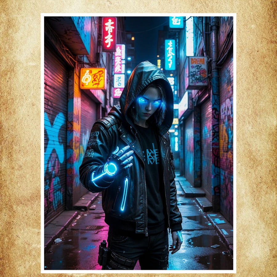 Affiche représentant un hacker cybernétique dans une ruelle néon futuriste, avec des implants lumineux et une ambiance sombre et high-tech.