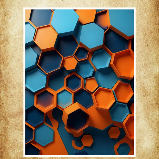 Affiche géométrique avec motifs hexagonaux 3D en bleu et orange, apportant une touche moderne et futuriste à la décoration murale.