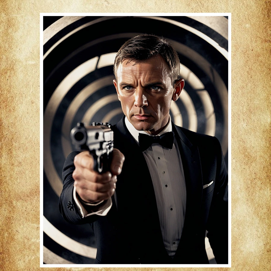 Affiche représentant James Bond en position de tir dans la mythique séquence d’introduction, avec effet de cible iconique.