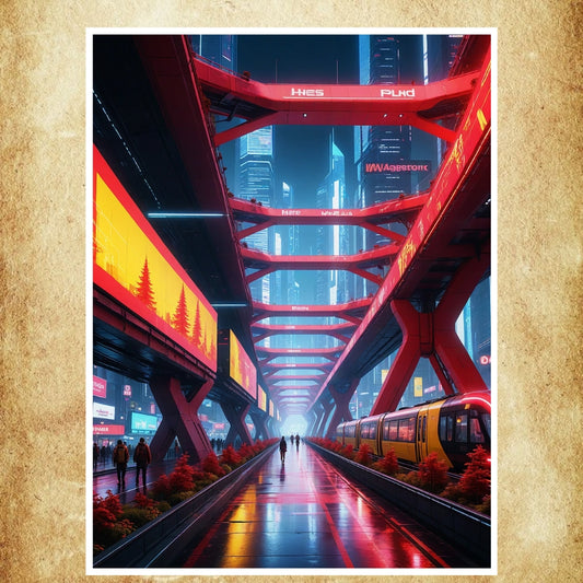 Affiche Métropole Cyberpunk High-Tech montrant une ville futuriste illuminée par des néons rouges et bleus, avec des structures avant-gardistes.