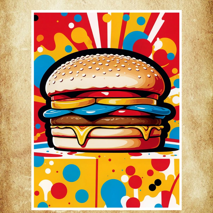 affiche pop art vibrante avec un design abstrait de burger, idéale pour une décoration murale unique et audacieuse.