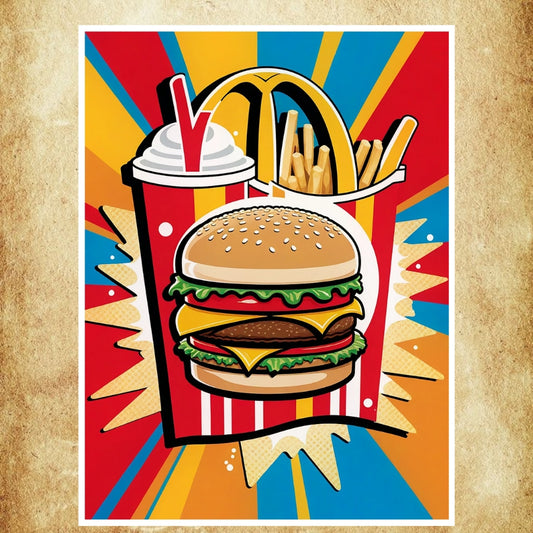 affiche pop art moderne représentant un menu burger avec frites et milkshake, idéale comme décoration murale colorée et tendance.