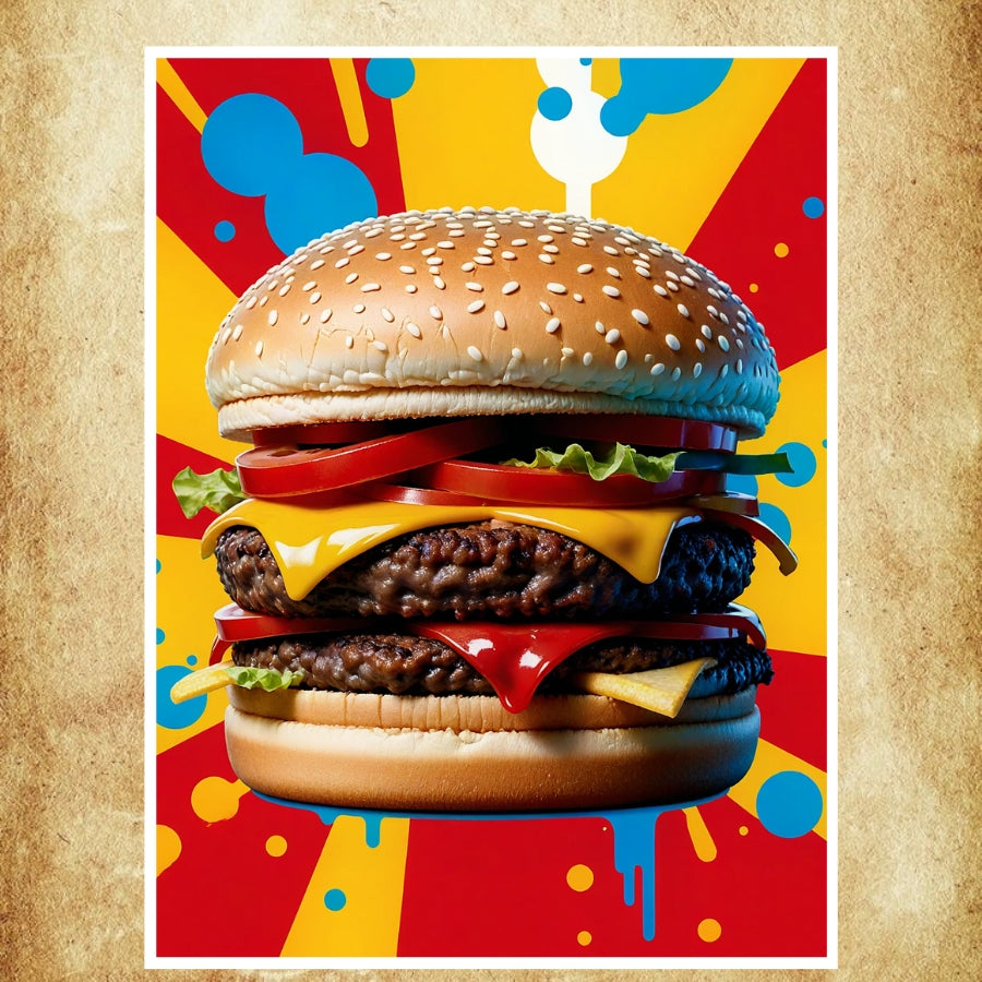 affiche pop art représentant un burger double fromage avec ketchup, parfaite pour dynamiser une cuisine ou un espace de restauration.