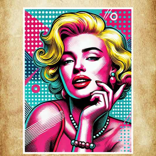 Affiche Pop Art Marilyn Monroe, portrait iconique avec design rétro et couleurs vives, idéale pour une décoration murale glamour et moderne.