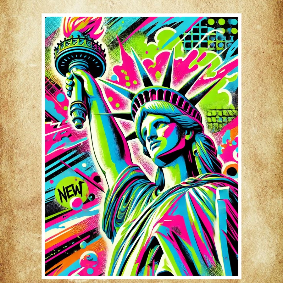 Affiche Pop Art Statue de la Liberté aux couleurs vibrantes pour décoration murale moderne. Parfaite pour un salon ou bureau inspirant.