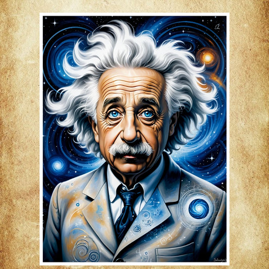 Affiche artistique d’Albert Einstein avec un fond cosmique, parfaite pour une décoration intellectuelle et moderne.