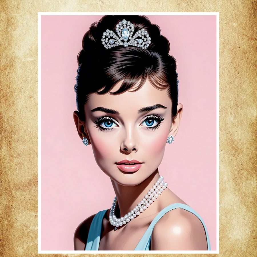 Affiche artistique d'Audrey Hepburn, avec une touche chic et vintage, idéale pour une décoration élégante et raffinée.