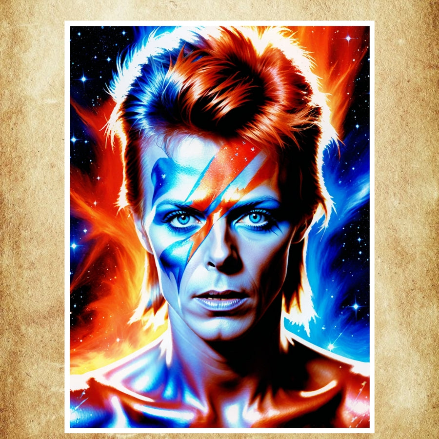 Affiche artistique représentant David Bowie en Ziggy Stardust, avec un effet cosmique et lumineux, inspiré de l'univers du glam rock.