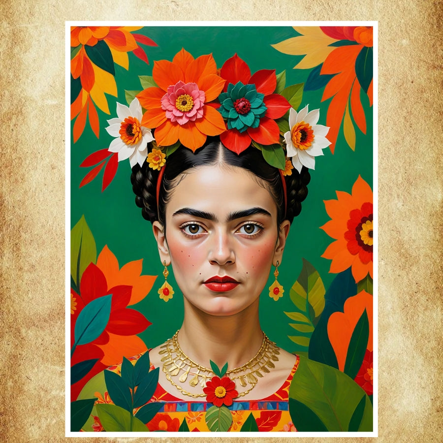 Affiche artistique de Frida Kahlo aux couleurs vibrantes, représentant l’icône féminine et culturelle mexicaine.