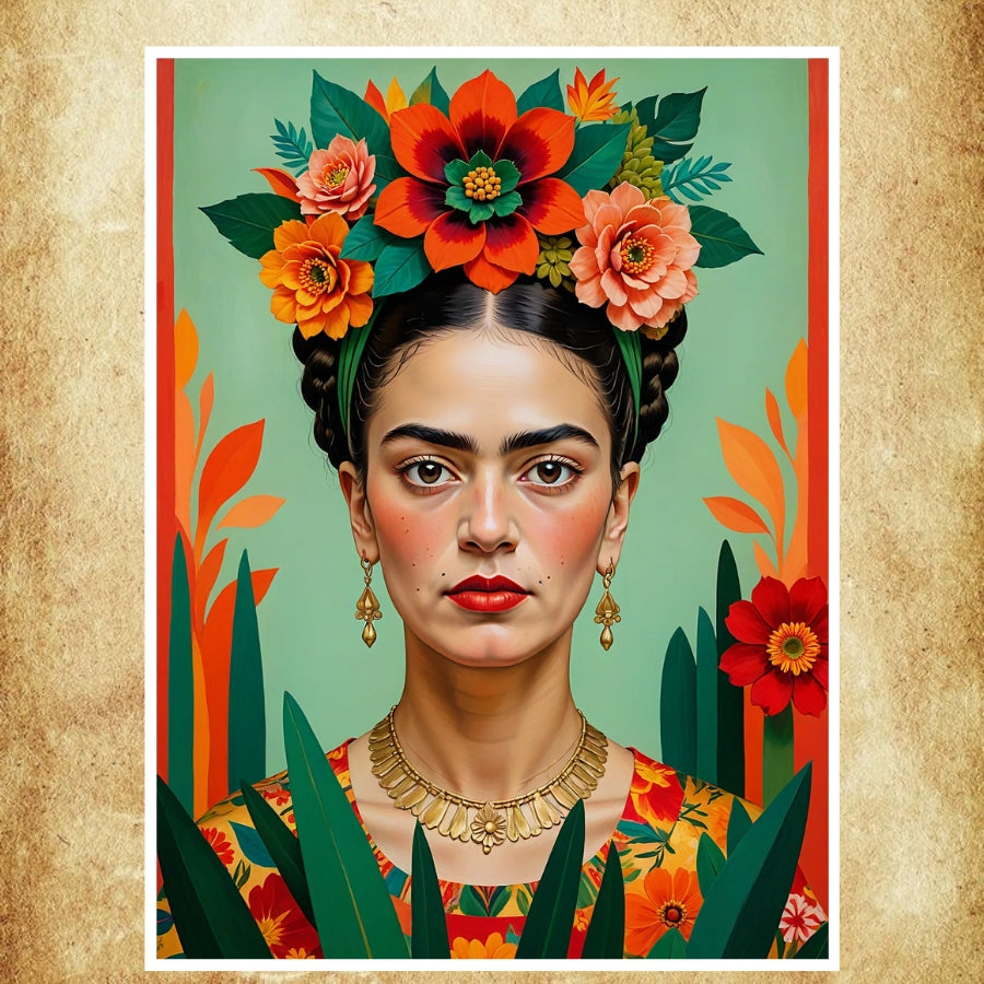 Affiche inspirante de Frida Kahlo dans un bureau créatif, idéale pour stimuler l’imagination et la passion artistique.