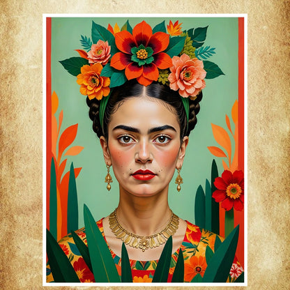 Affiche inspirante de Frida Kahlo dans un bureau créatif, idéale pour stimuler l’imagination et la passion artistique.