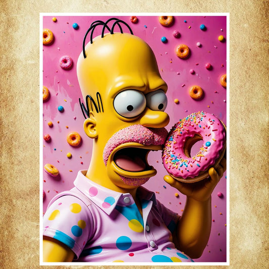 Affiche humoristique représentant Homer Simpson avec un donut, dans un style pop art aux couleurs vives.