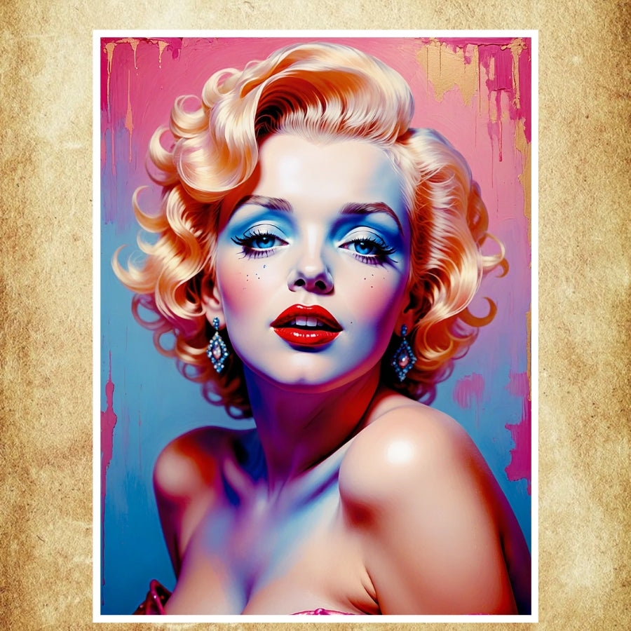 Affiche artistique de Marilyn Monroe en style pop art, avec des couleurs vibrantes et un design glamour.