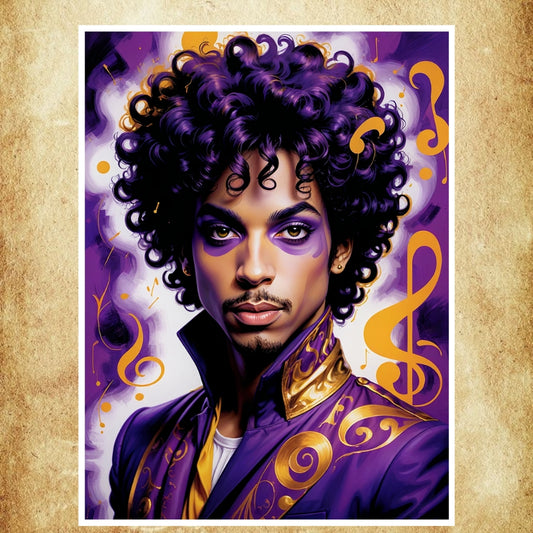 Affiche artistique représentant Prince avec des couleurs violettes et dorées, rendant hommage à son style musical iconique.