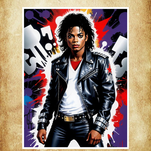 Affiche Roi de la Pop avec Michael Jackson dans une pose iconique, entourée de couleurs éclatantes.