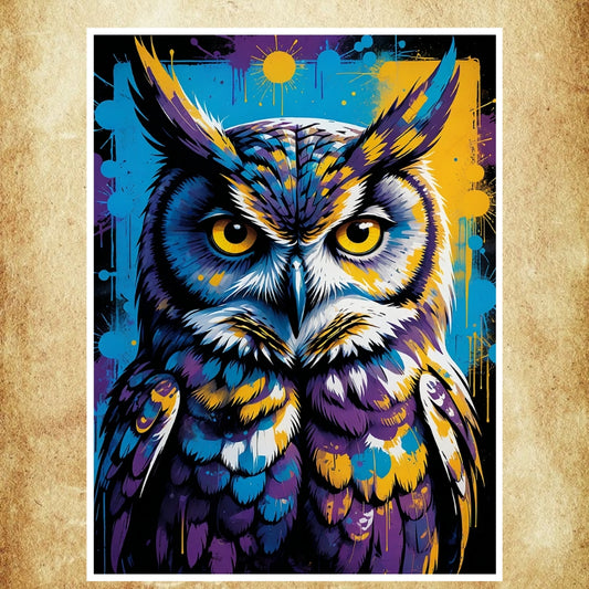 Découvrez une affiche Street Art Hibou, idéale pour rehausser votre décoration murale avec des couleurs vibrantes et une touche de symbolisme. Disponibles en trois variantes.