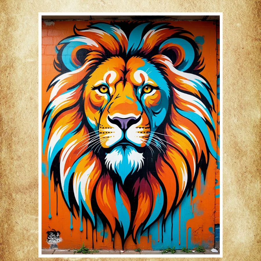 Découvrez une affiche Street Art Lion aux couleurs éclatantes, parfaite pour une décoration murale audacieuse et moderne, reflétant l'énergie brute de l'art urbain.