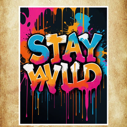 Découvrez l’affiche Street Art "Stay Wild" sur fond noir, parfaite pour un contraste audacieux dans votre décoration murale.