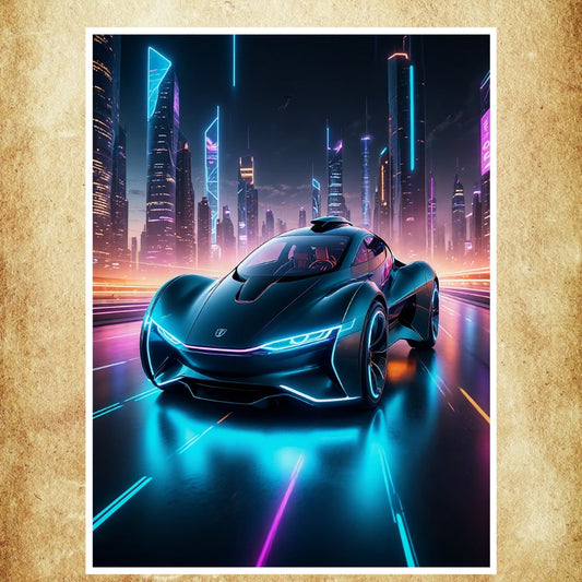 Affiche représentant une supercar cybernétique sur une route illuminée de néons, avec une ville futuriste en arrière-plan.