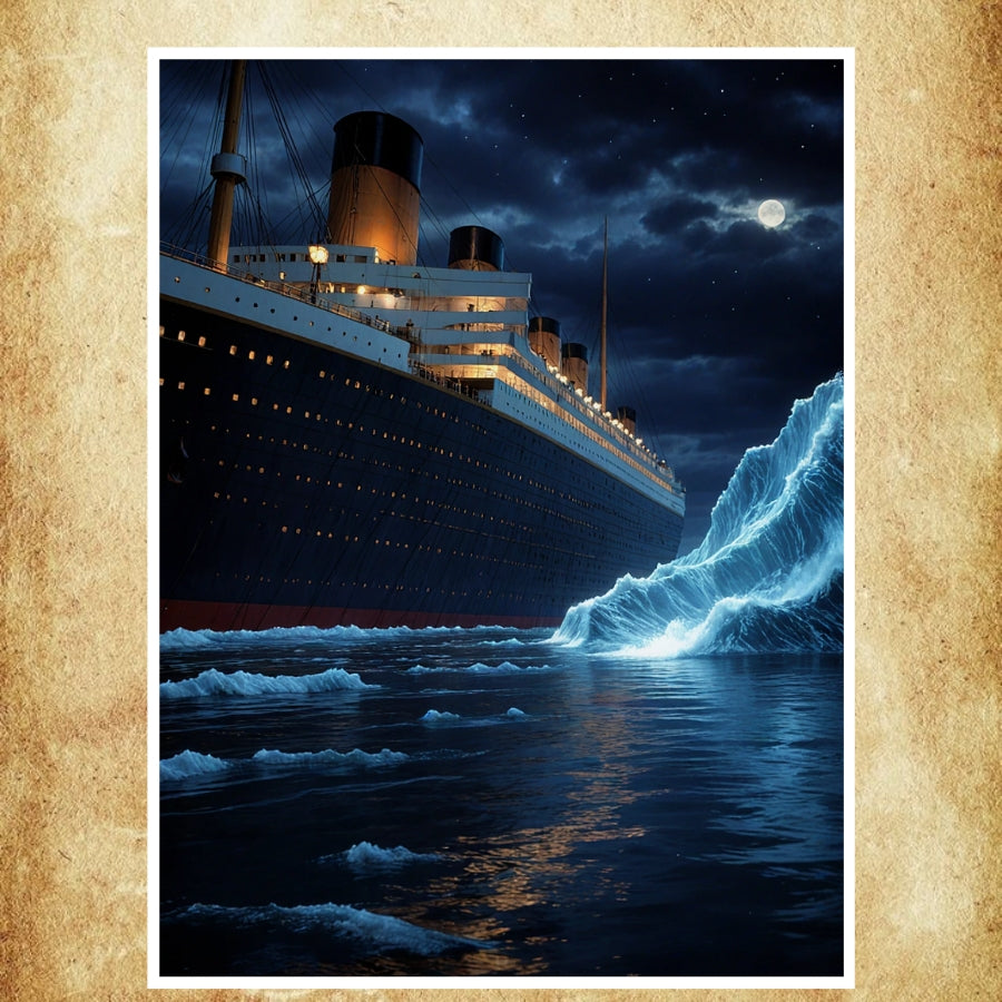 Affiche représentant le Titanic illuminé sous une nuit étoilée, avançant vers l’iceberg.