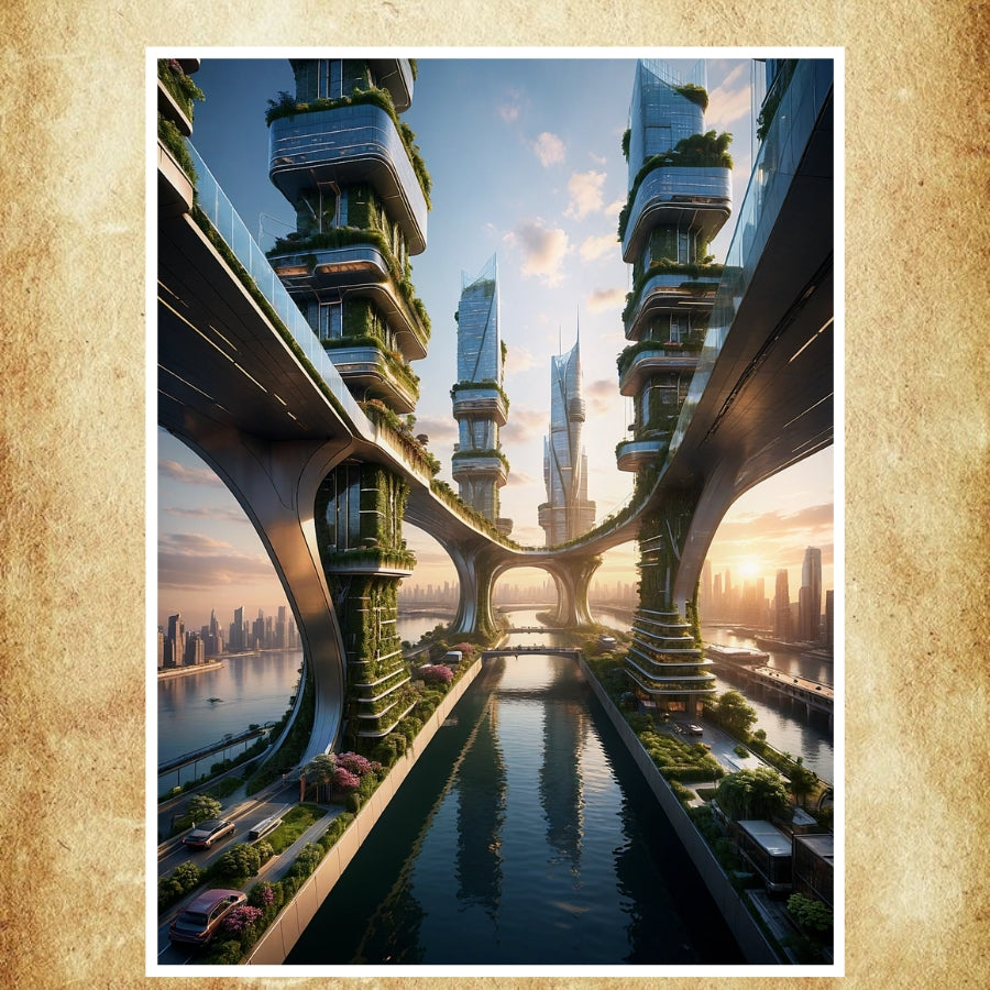 Affiche représentant une ville futuriste avec gratte-ciels écologiques, ponts suspendus et nature intégrée dans l’architecture high-tech.