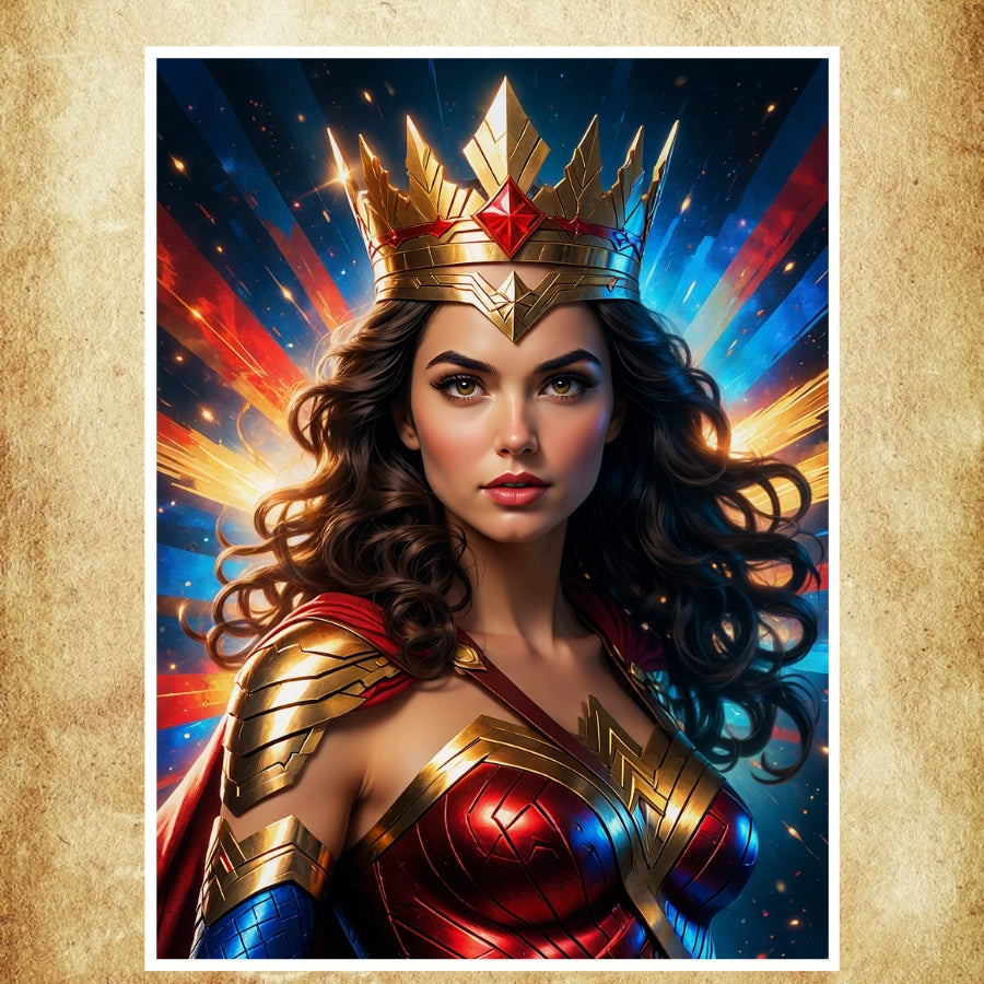 Impression HD de Wonder Woman avec des couleurs éclatantes et une finition brillante sur papier de qualité.