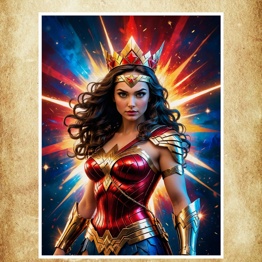 Affiche représentant Wonder Woman dans son armure dorée, entourée d’un éclat de lumière épique.