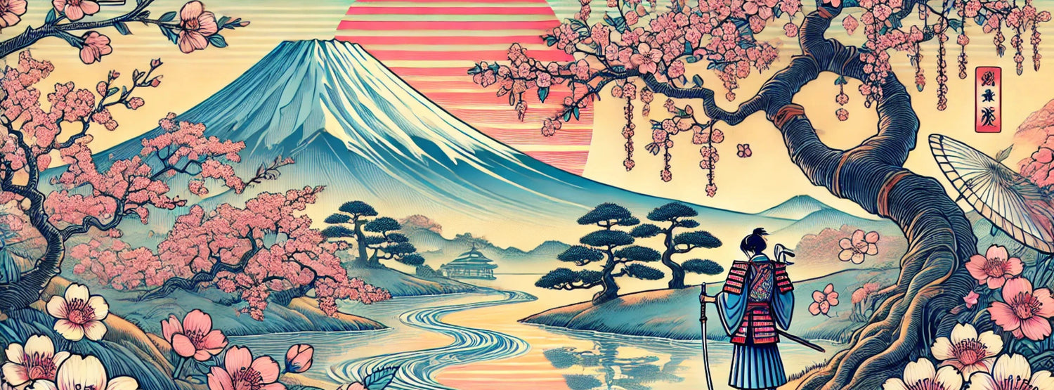 Bannière représentant un paysage japonais traditionnel avec le mont Fuji, des fleurs de cerisier et un samouraï. Illustration parfaite pour évoquer l’art japonais et l’univers manga.