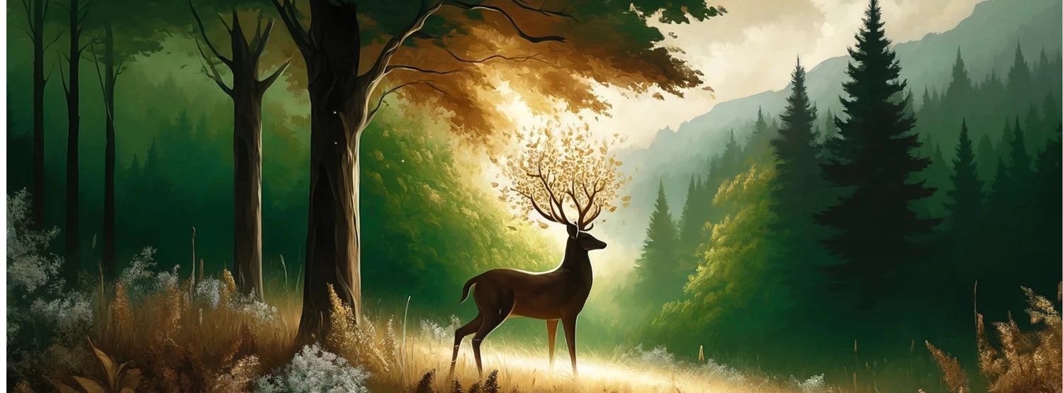 Bannière représentant un cerf majestueux dans une forêt lumineuse, capturant la beauté de la nature et des animaux. Idéal pour illustrer des créations artistiques inspirées par la faune et la flore.