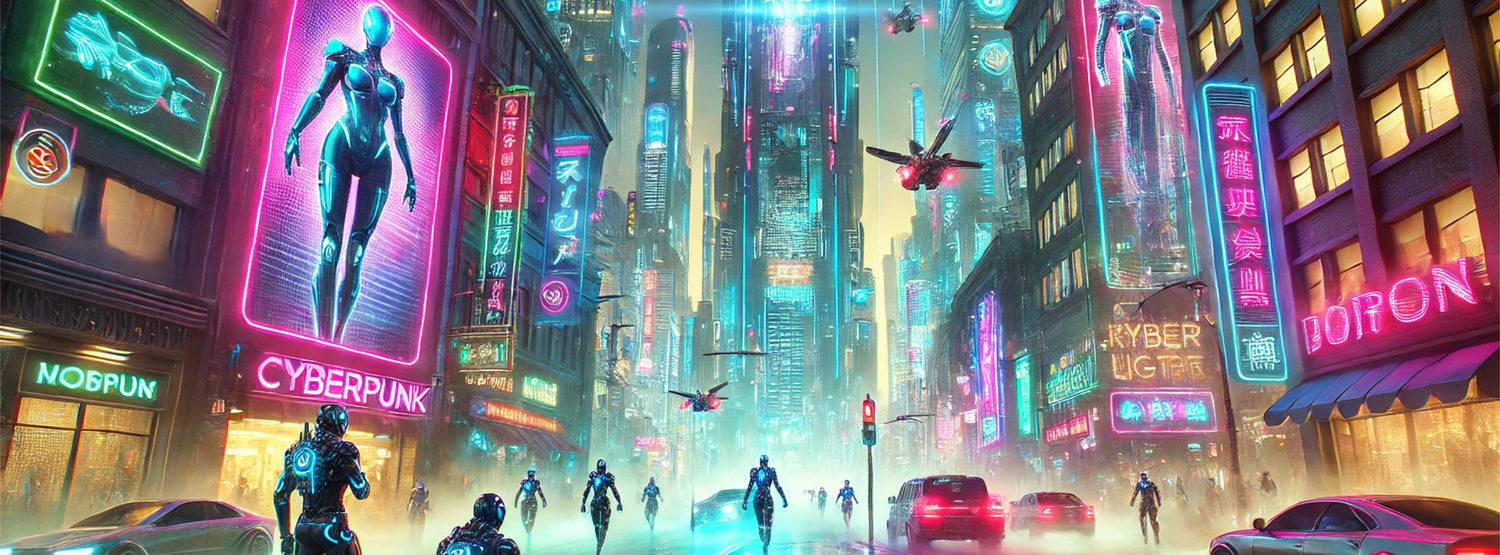 Illustration de style futuriste et cyberpunk avec une ville illuminée par des néons et des robots en action. Idéal pour représenter des thèmes modernes et technologiques.