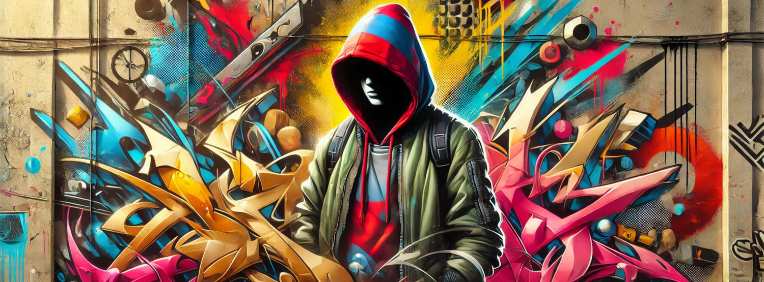 Bannière représentant un graffiti street art avec un personnage en capuche et des couleurs vives, idéale pour capturer l'esprit de l'art urbain et moderne.