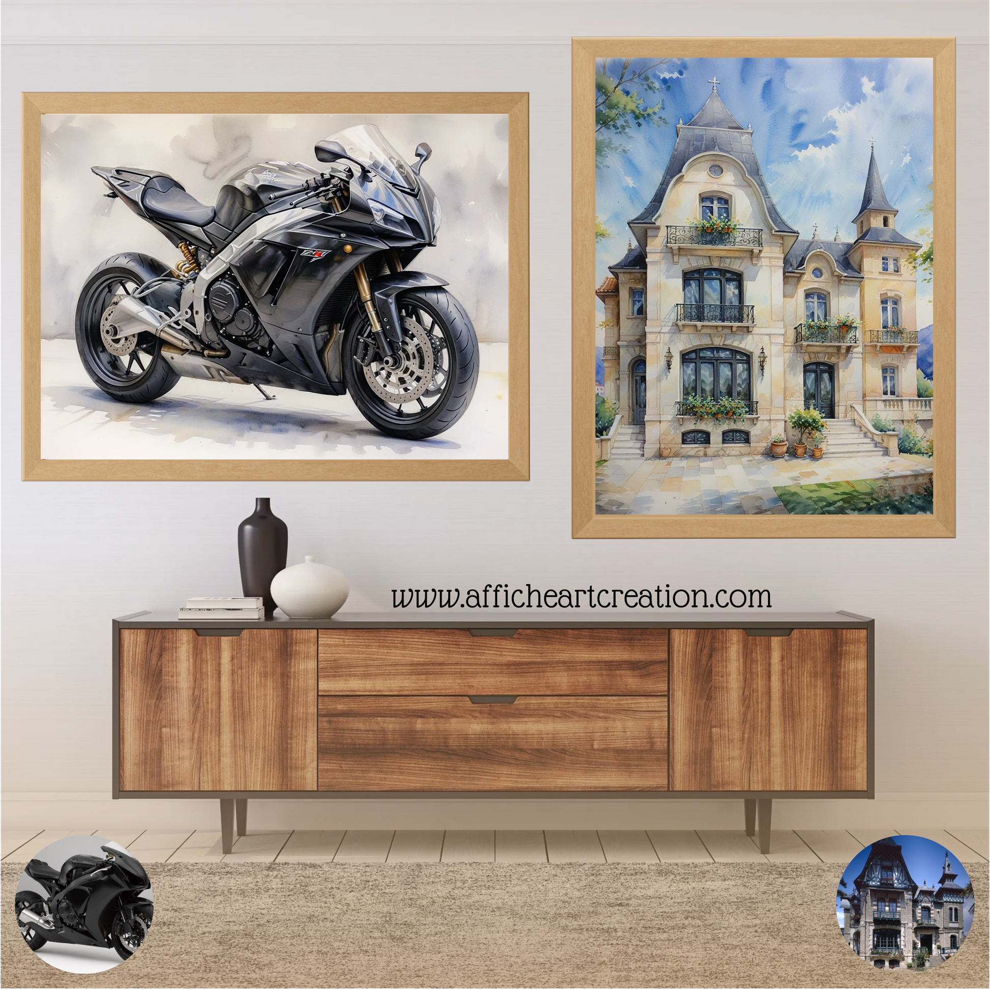 Illustration aquarelle personnalisée d'une moto et d'une maison, combinant art et souvenirs.