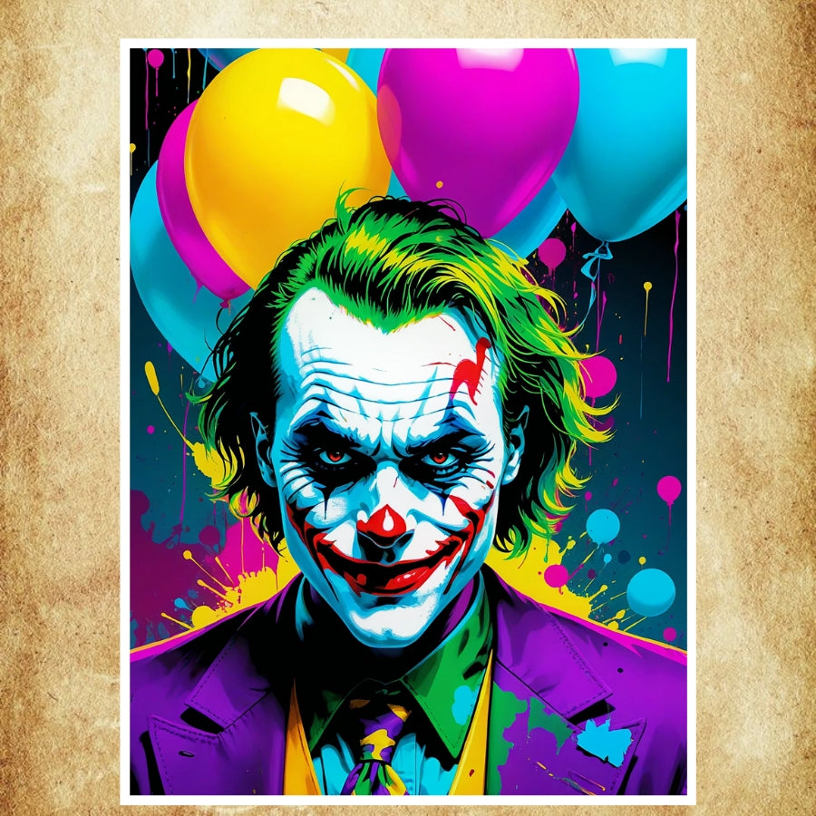 Illustration audacieuse et colorée du Joker, mettant en avant son regard intense.