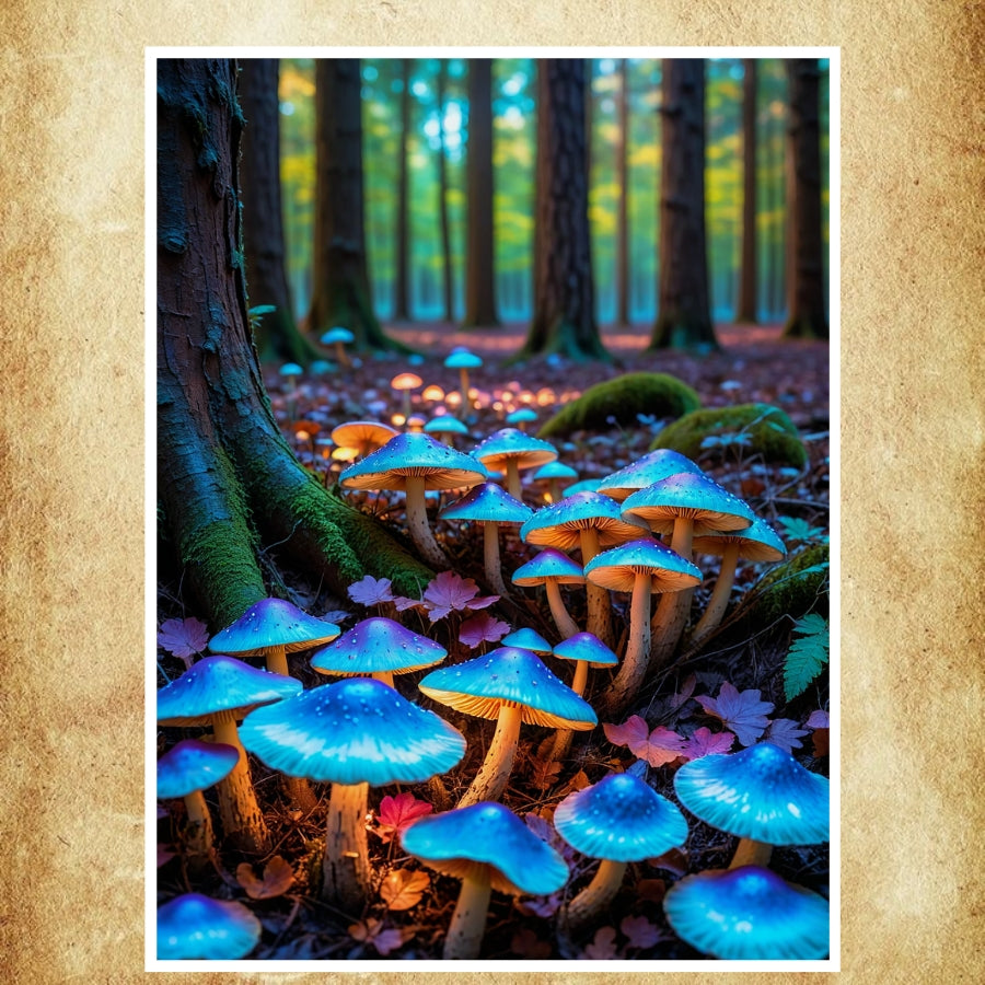 Poster Champignons Lumineux avec des tons bleutés et une ambiance féerique.