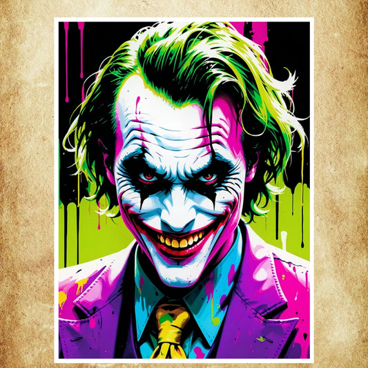 Poster Joker vibrant avec éclats de couleurs, idéal pour une décoration moderne.