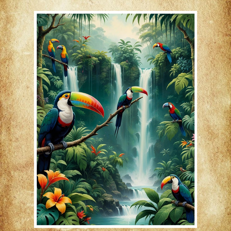 Poster Toucan Jungle avec des couleurs éclatantes et des détails soignés.